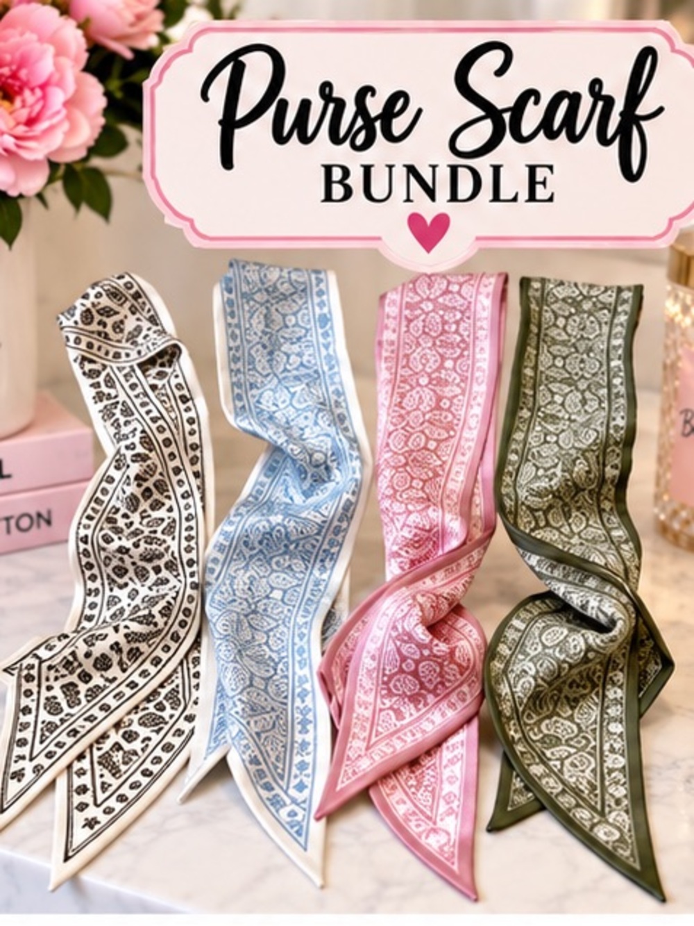 Purse Scarf Bundle - Pink, Blue, Green, White Patterned Twilly Scarves